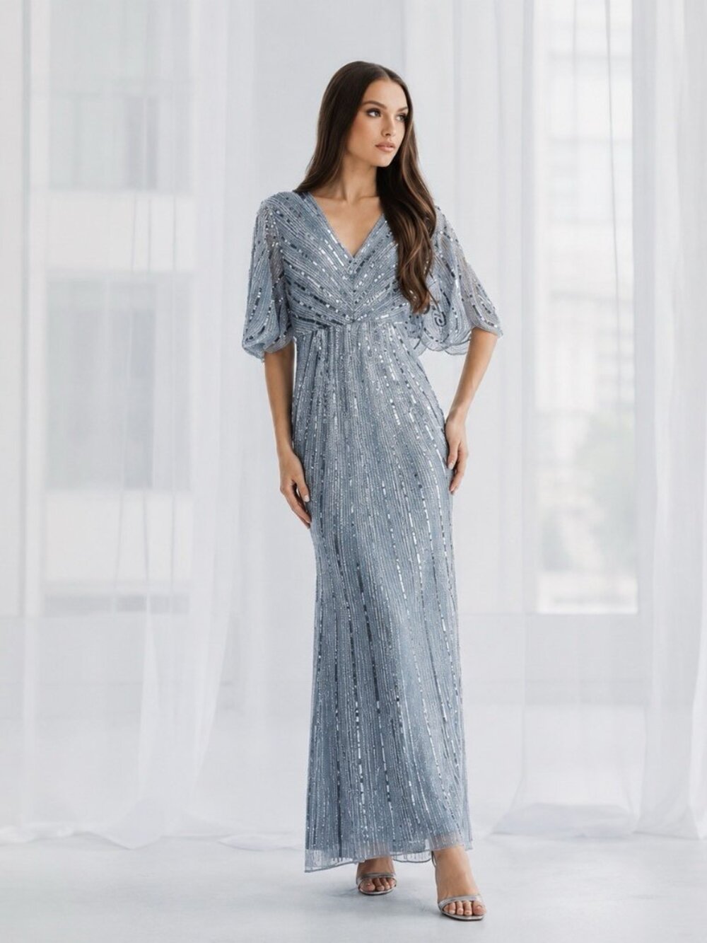 Mac Duggal Size 16 Gray Blue 93583 Cape Sleeve Sequin Formal Gown Dress $698 NWT
